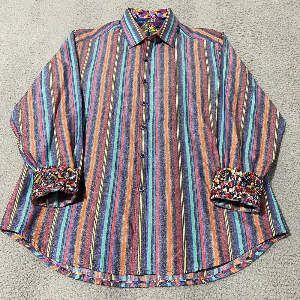 Robert Graham Shirt Men Large Red Blue Striped Flip Cuff Embroidered Classic Fit